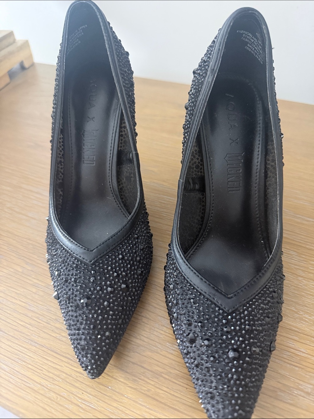 Aqua x Wicked Black Rhinestone Pointed-Toe Pumps -